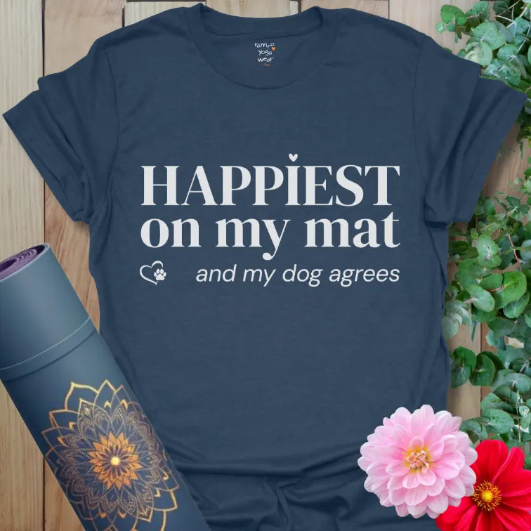 Heather Navy Happiest Dog T-Shirt with crisp white text and paw-heart graphic, perfect for yoga lovers with dogs.