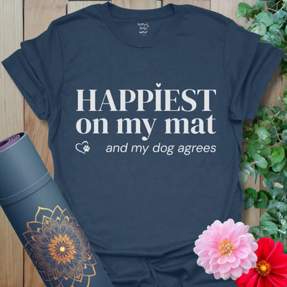 Heather Navy Happiest Dog T-Shirt with crisp white text and paw-heart graphic, perfect for yoga lovers with dogs.