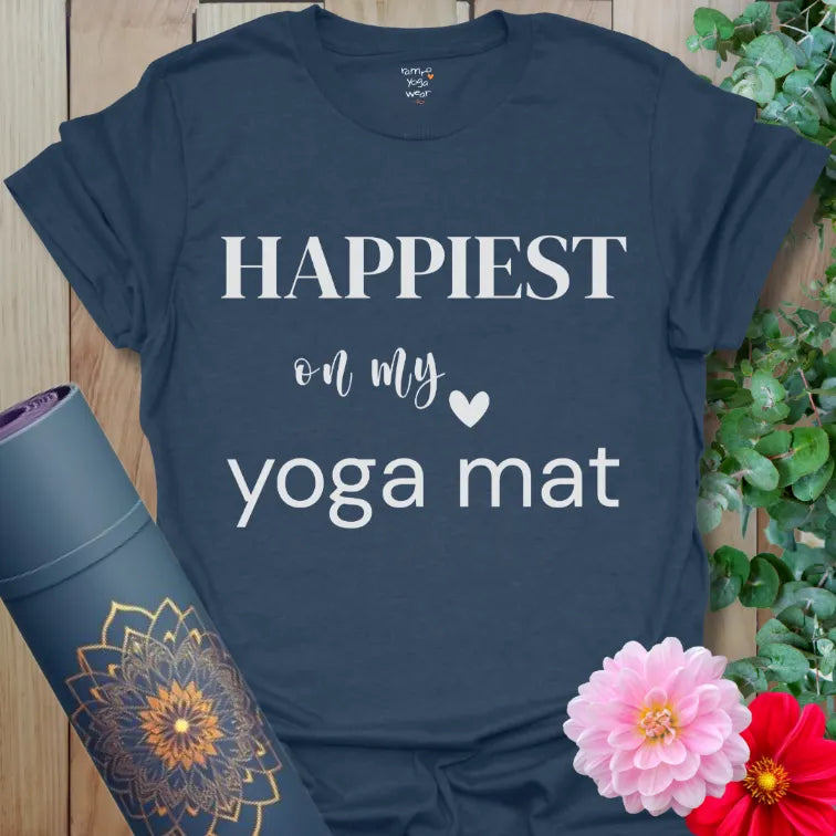 Heather Navy Happiest T-Shirt with minimalist lettering and heart detail. Yoga gift for everyday calm.