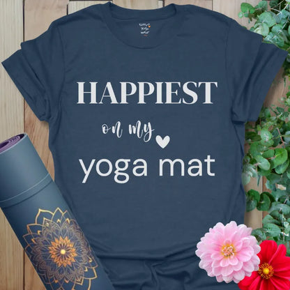 Heather Navy Happiest T-Shirt with minimalist lettering and heart detail. Yoga gift for everyday calm.