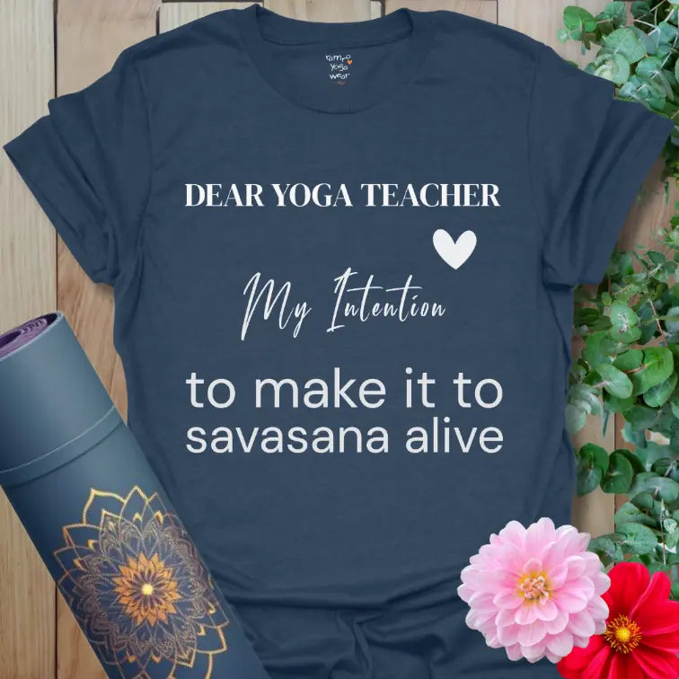 Heather Navy My Intention T-Shirt with bold white lettering, elegant script, and savasana humor. Minimalist yoga shirt with heart accent.