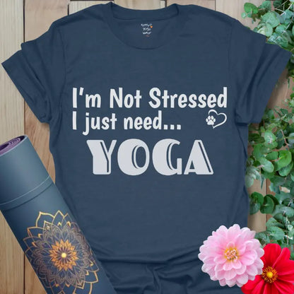 Heather Navy Not Stressed T-Shirt with bold white yoga mantra typography, soft unisex tee for calm, comfort, and mindful living.