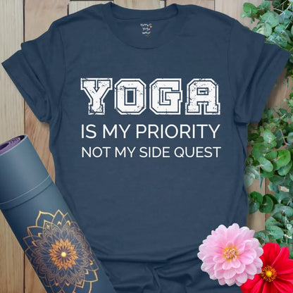 Heather Navy Priority T-Shirt with a bold, uplifting statement design on soft cotton for mindful, everyday comfort.
