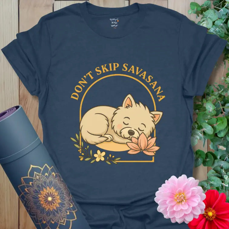 Heather Navy Sleeping Westie T-Shirt with calm dog + lotus artwork. Cosy yoga tee reminding you not to skip Savasana.