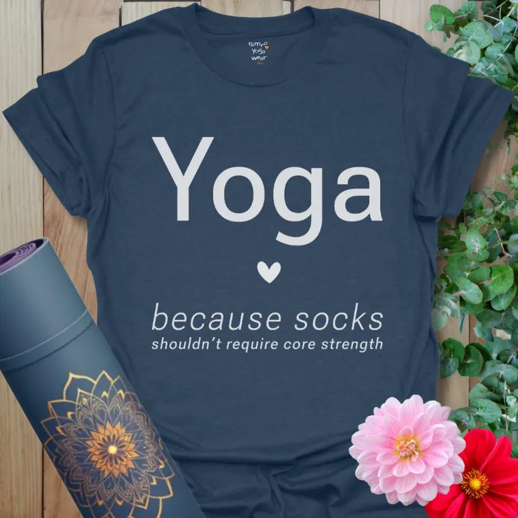 Heather Navy Socks T-Shirt with bold “Yoga” text, centered heart, and witty socks line.