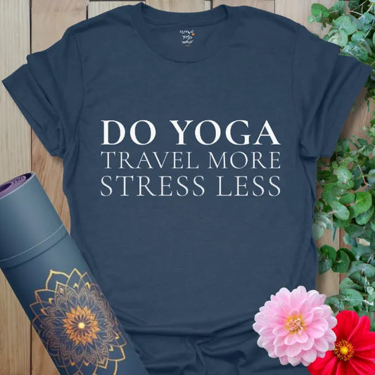 Heather Navy Stress Less T-Shirt featuring a soft, minimalist reminder to slow down and stress less throughout your day.