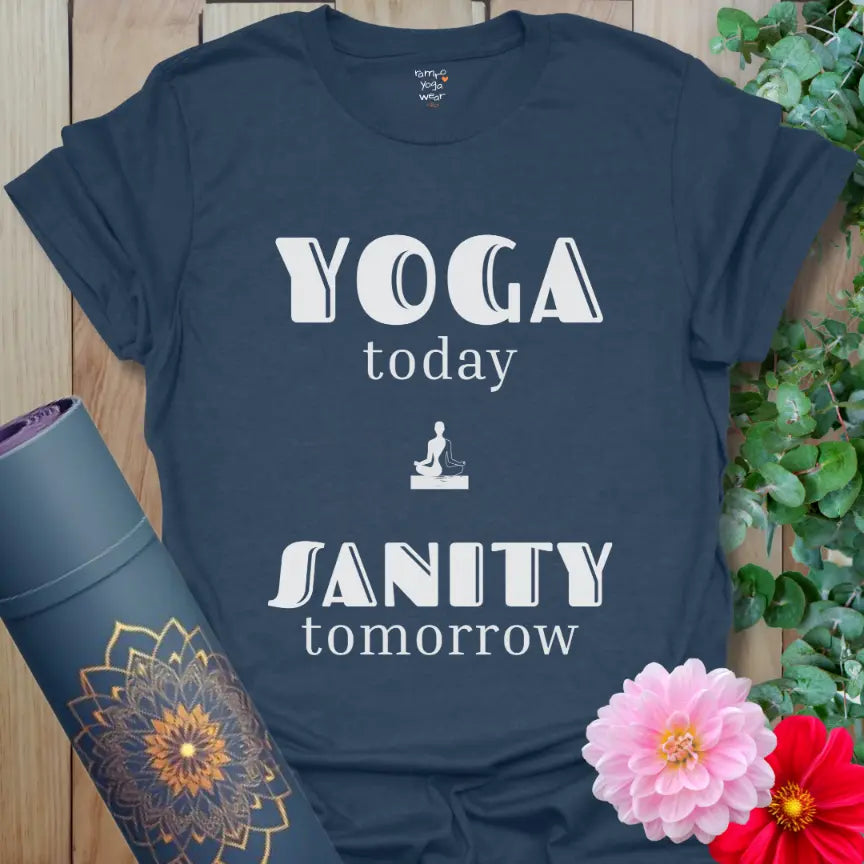 Heather Navy Tomorrow T-Shirt featuring clean white lettering and a calm yoga-inspired mantra for everyday ease.