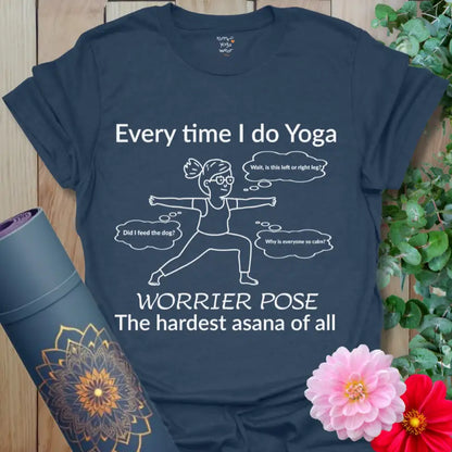 Heather Navy Worrier T-Shirt featuring a clean line-art yogi in Warrior Pose with lighthearted thought bubbles. Soft, witty yoga graphic tee.