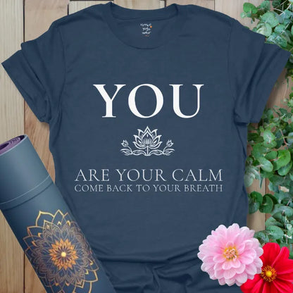 Heather Navy You T-Shirt featuring minimalist lettering reminding you to return to your breath and reconnect with your inner peace.