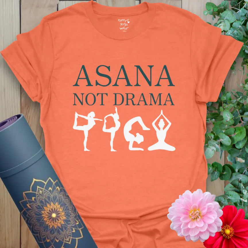 Heather Orange Asana T-Shirt with yoga pose illustrations and bold mantra. Graphic yoga tee with a playful reminder to stay centered.