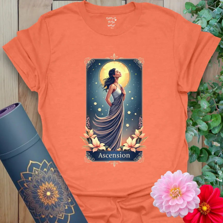 Heather Orange Ascension T-Shirt with starry sky, radiant woman, and soft floral border