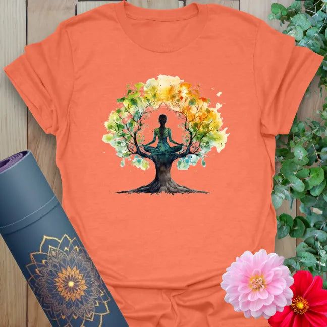Heather orange Be Free T-Shirt with soulful yoga graphic and blooming tree design