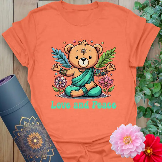 Heather orange Bear T-Shirt with meditating bear art and peaceful message