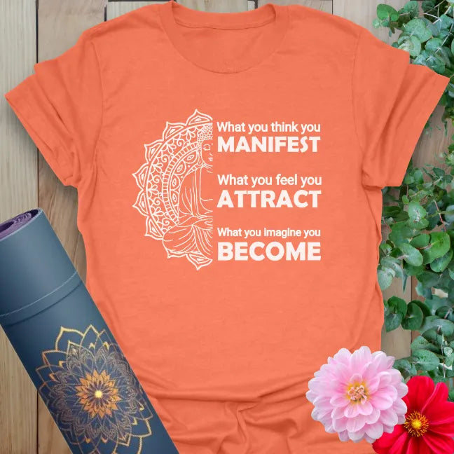 Heather orange yoga tee with empowering manifestation quote and sacred graphic