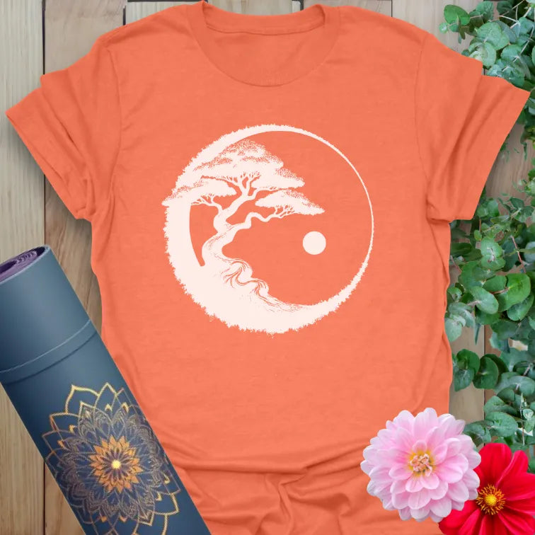 Heather orange Bonsai T-Shirt featuring peaceful bonsai tree and yin-yang art
