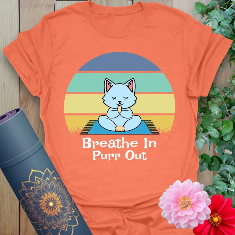 Heather orange yoga cat t-shirt with retro sunset and purrfect mindfulness