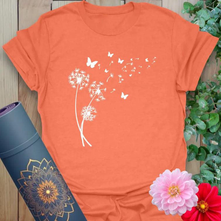 Heather orange yoga shirt with breath-inspired nature flow and transformation design