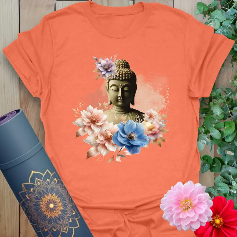 Heather orange spiritual tee with floral Buddha artwork for mindful living