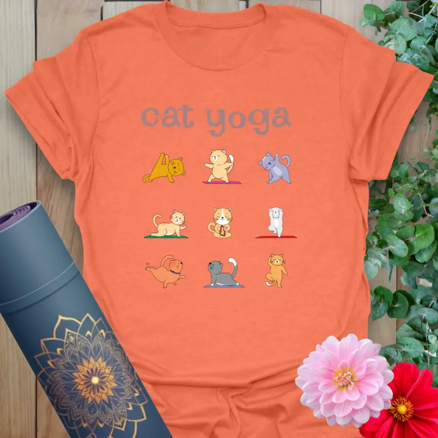 Heather orange t-shirt with playful yoga cat designs and joyful message