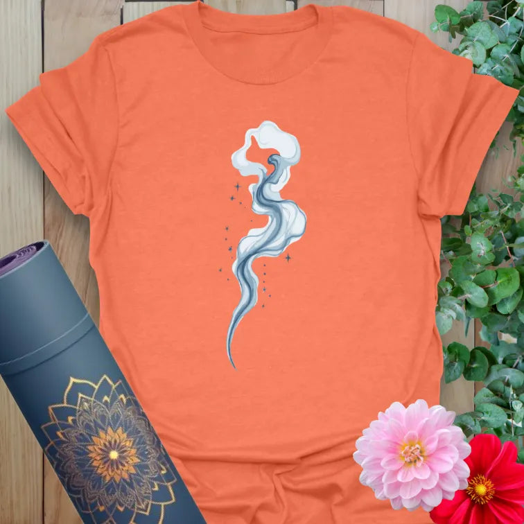 Heather orange yoga shirt with gentle smoke trail and calming visual