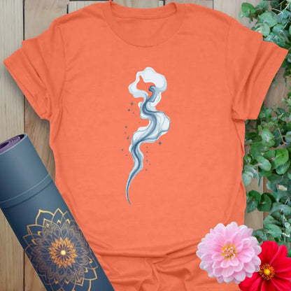 Heather orange yoga shirt with gentle smoke trail and calming visual