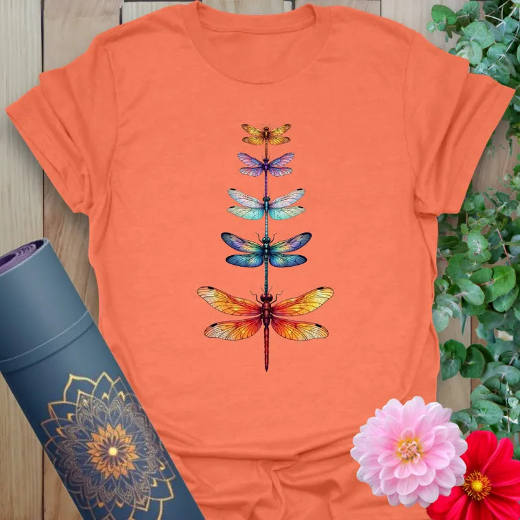 Heather orange t-shirt with colorful dragonfly art and message of freedom
