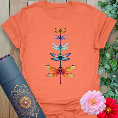 Heather orange t-shirt with colorful dragonfly art and message of freedom