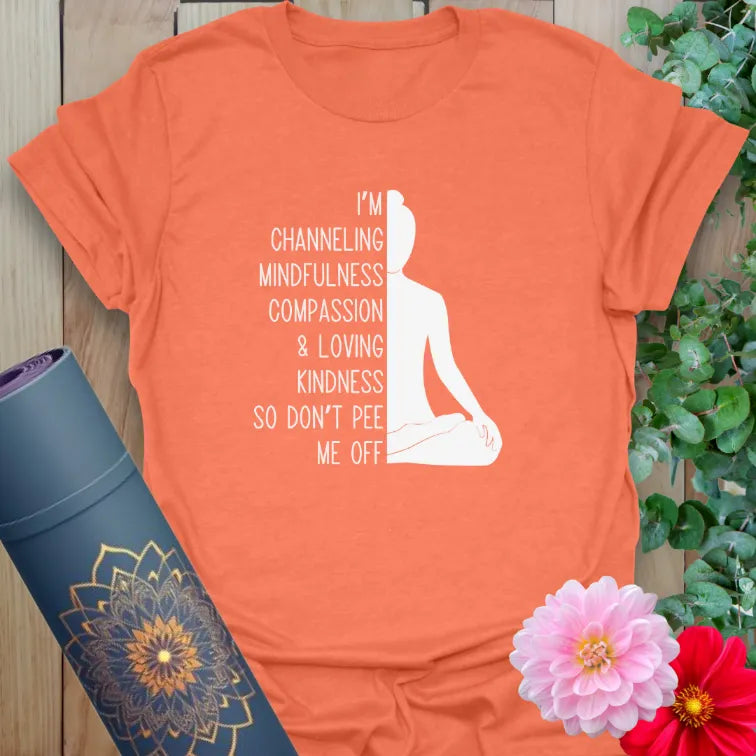 Heather orange t-shirt with funny spiritual quote and meditation design