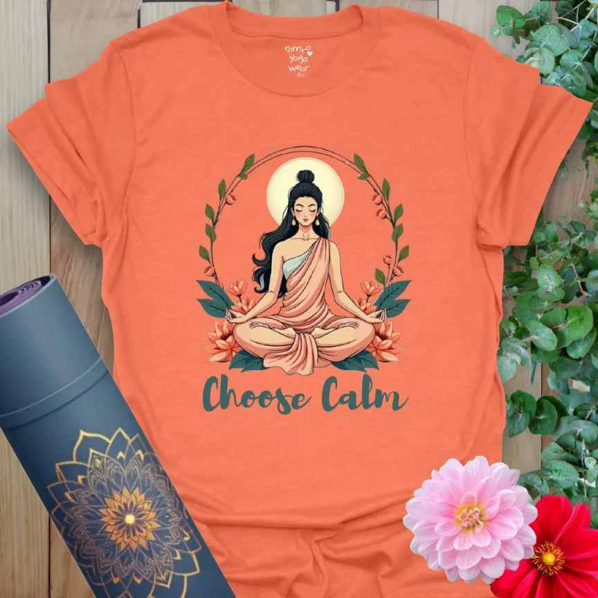 Heather Orange Choose Calm T-Shirt featuring calming artwork and a meditative floral frame.