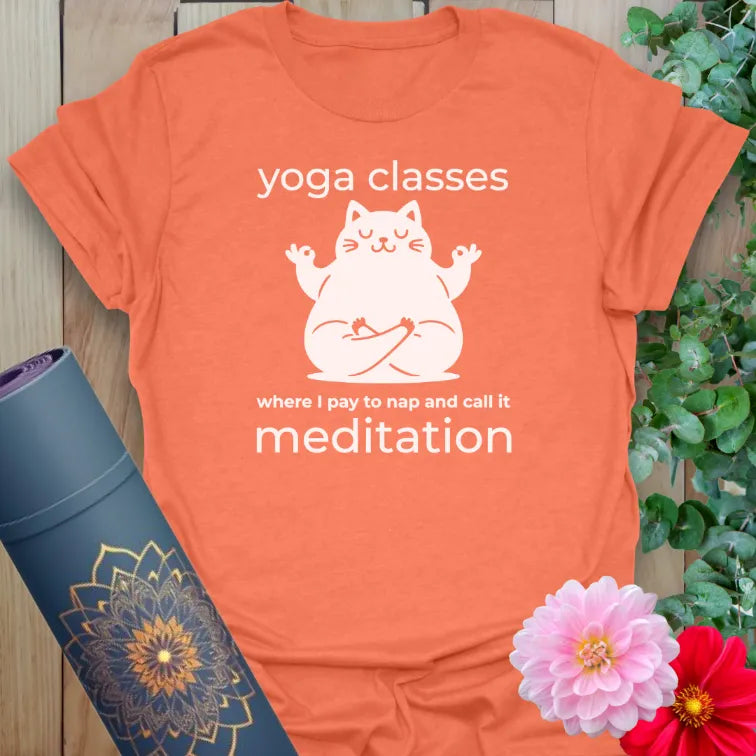 Heather orange yoga shirt with napping cat humor and lighthearted vibe