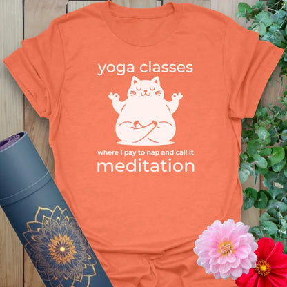 Heather orange yoga shirt with napping cat humor and lighthearted vibe