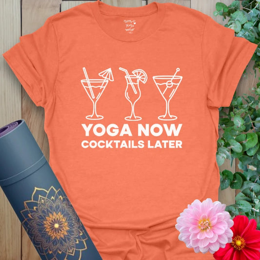 Heather orange tee with bold yoga quote and three cocktail sketches