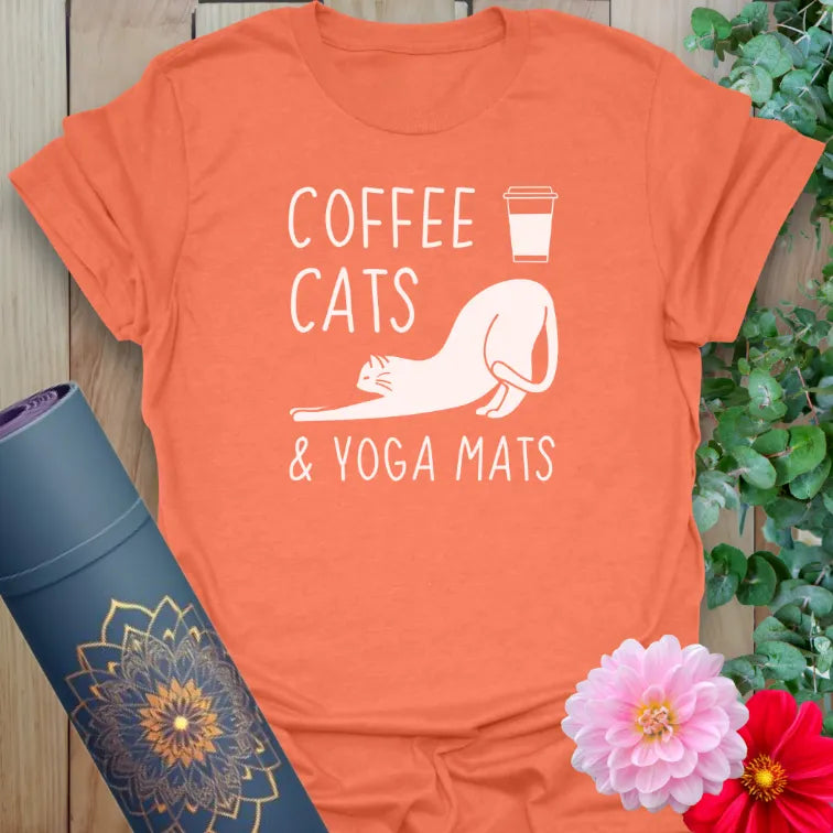 Heather orange tee with mindful coffee, cat, and yoga design