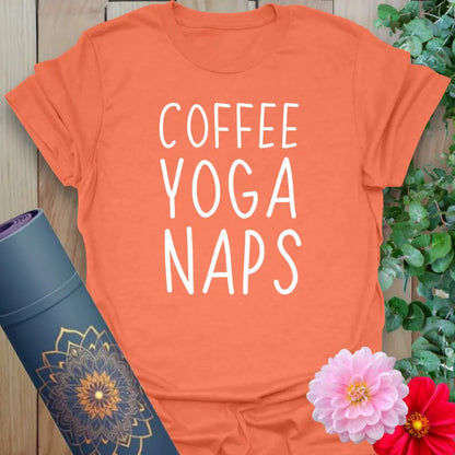 Heather orange tee with coffee, yoga, naps affirmation