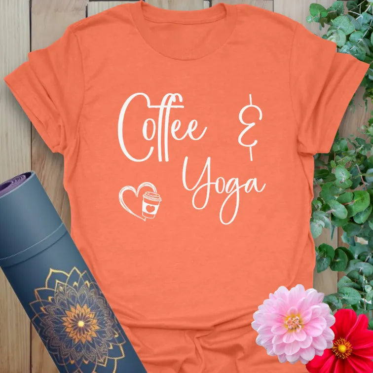 Heather orange yoga t-shirt with playful coffee and yoga affirmation graphic