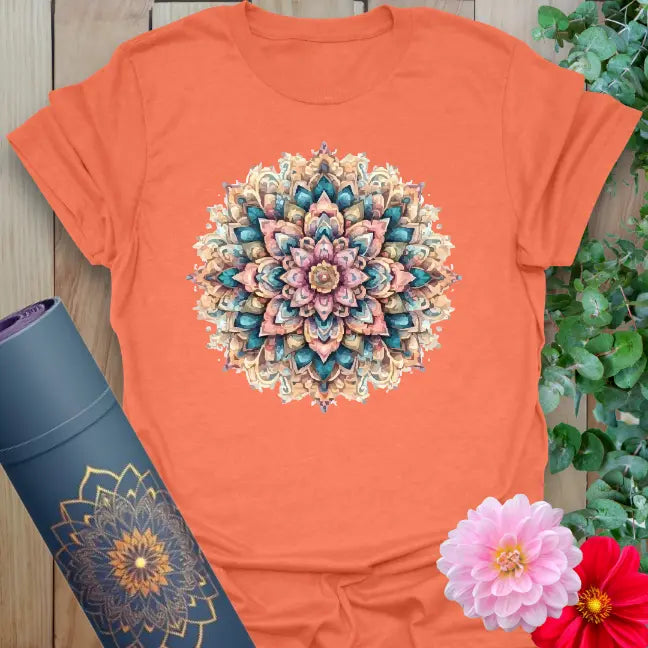 Heather orange yoga tee with bright, colorful mandala for inspired living