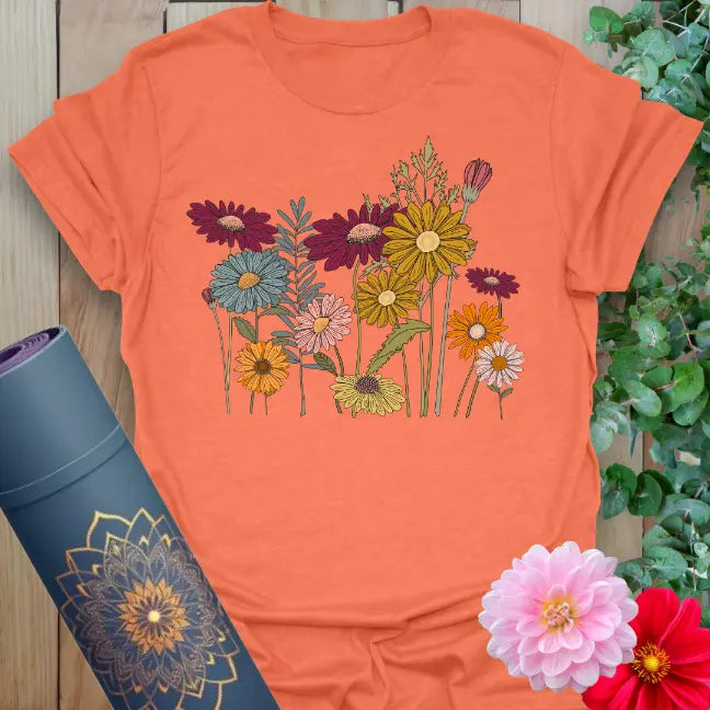 Heather orange t-shirt with vintage wildflower art and earthy botanical theme