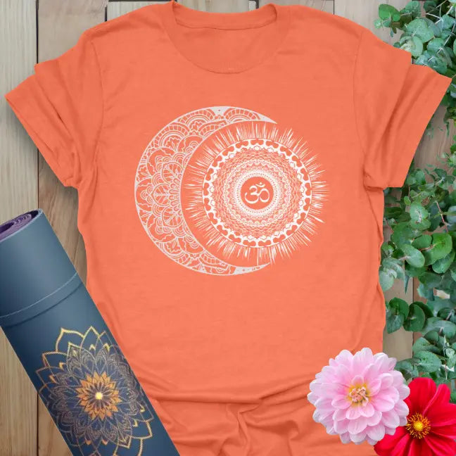 Heather orange t-shirt with radiant sun and moon balance art