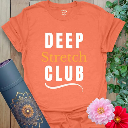 Heather Orange Deep Stretch Club T-Shirt featuring clean, stacked typography in warm tones. Soft cotton yoga shirt for stretching and relaxing.