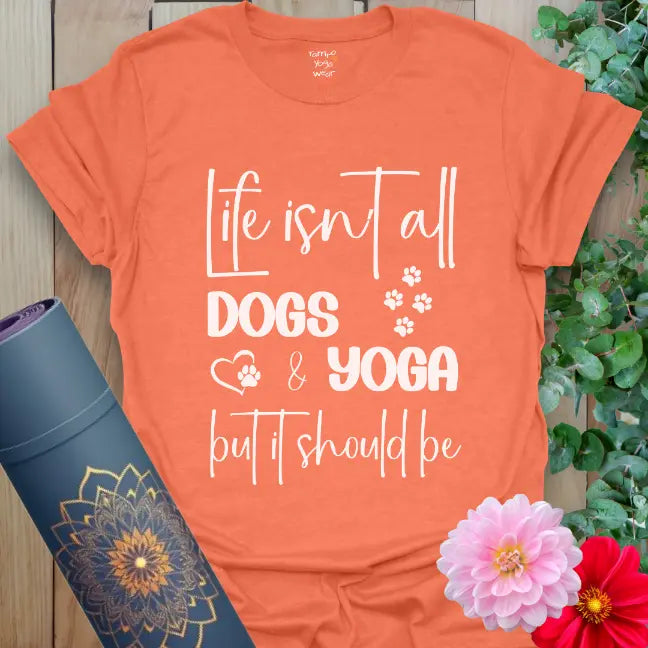 Heather orange t-shirt with paw prints and "dogs and yoga" mantra for mindful living