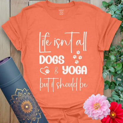 Heather orange t-shirt with paw prints and "dogs and yoga" mantra for mindful living