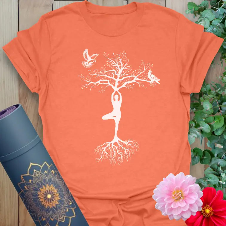 Heather orange yoga shirt with soulful yogi rooted in nature design
