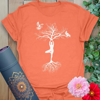 Heather orange yoga shirt with soulful yogi rooted in nature design
