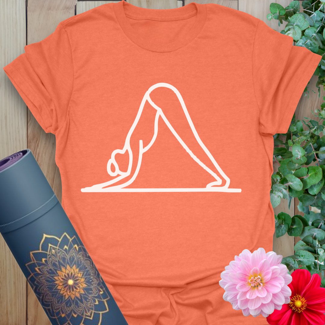 Heather orange yoga shirt with stylish downward dog pose for everyday zen
