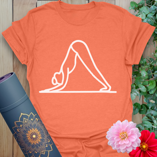 Heather orange yoga shirt with stylish downward dog pose for everyday zen