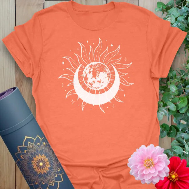 Heather orange Eclipse T-Shirt combining solar warmth and lunar cool in a sacred design