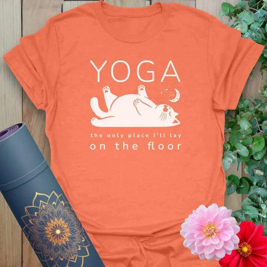 Vibrant orange yoga t-shirt showcasing funny cat and yoga humor design for soulful, light-hearted living.