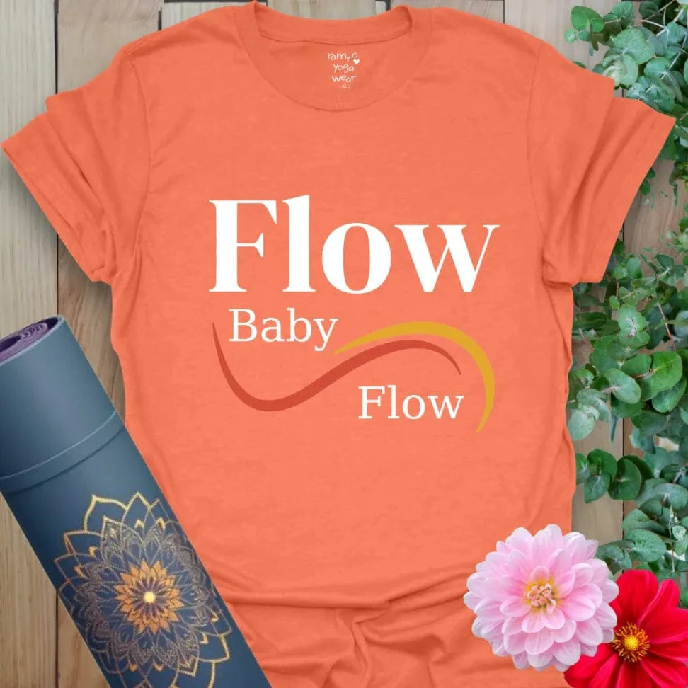 Heather Orange Flow Baby Flow T-Shirt with vintage-inspired text and a flowing wave motif. Soft unisex yoga tee for mindful movement.