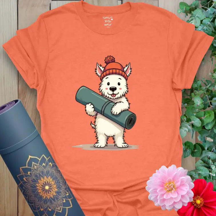 Heather Orange Hamish T-Shirt featuring a Westie dog holding a yoga mat in a playful yoga inspired design.