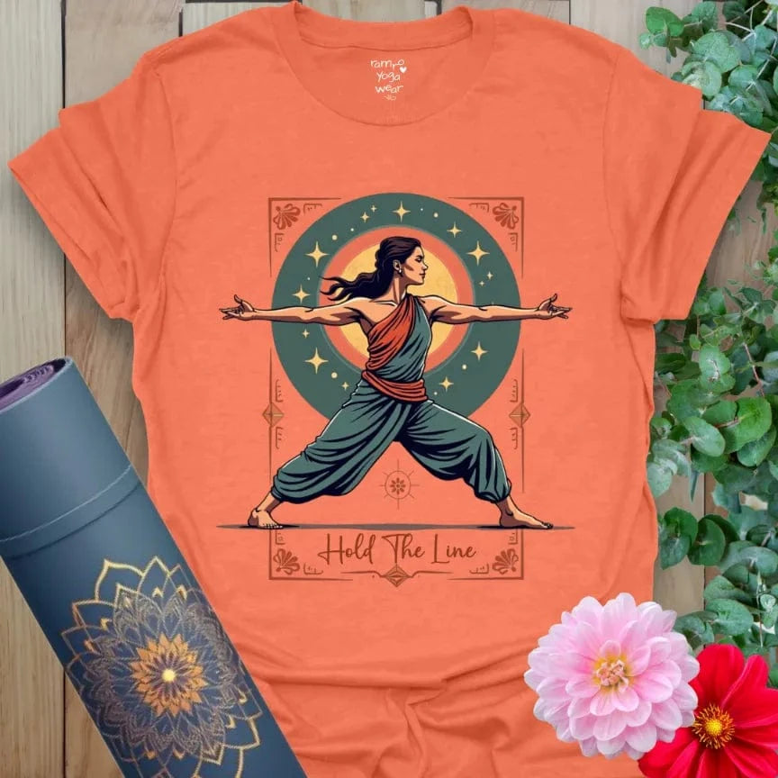 Vibrant orange yoga t-shirt showcasing powerful yoga warrior pose design inspiring conscious strength and soulful balance.